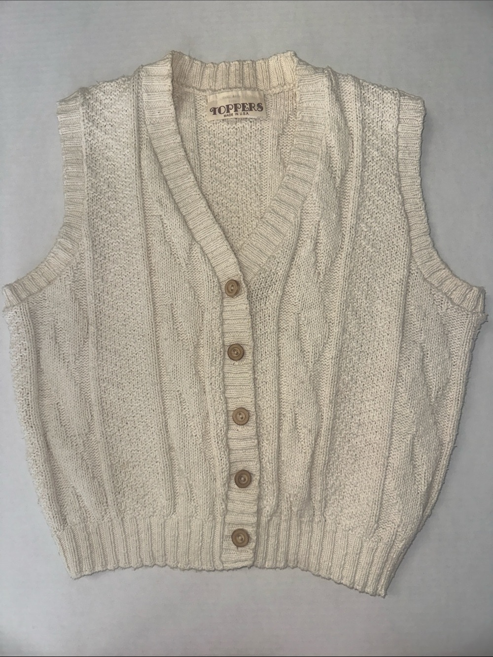 Vintage Toppers USA 100% Cotton Cable Knit Cardigan Sweater Vest Cream Ivory - Picture 2 of 11